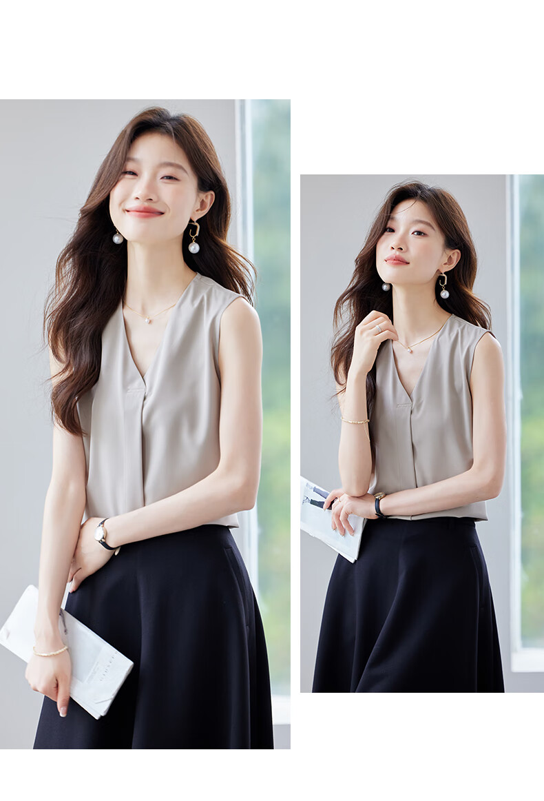 Jeanswest Women's Sleeveless Shirt 2026 Summer V-Neck Elegant Versatile Top Apricot XL 3