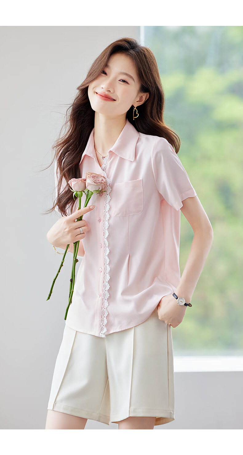 Jeanswest Women's Short Sleeve Shirt 2026 Summer Korean Style Lace Trim Lapel Waist Slimming High-End Pink M 17