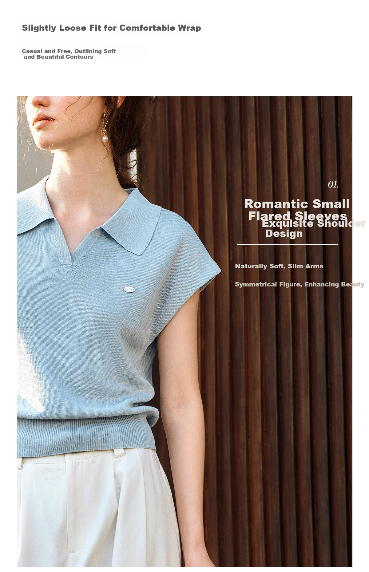 Olrain POLO Collar Knit Sweater for Women, Spring And Summer Commuter Short-Sleeve Pullover Top, Blue, Size M 8
