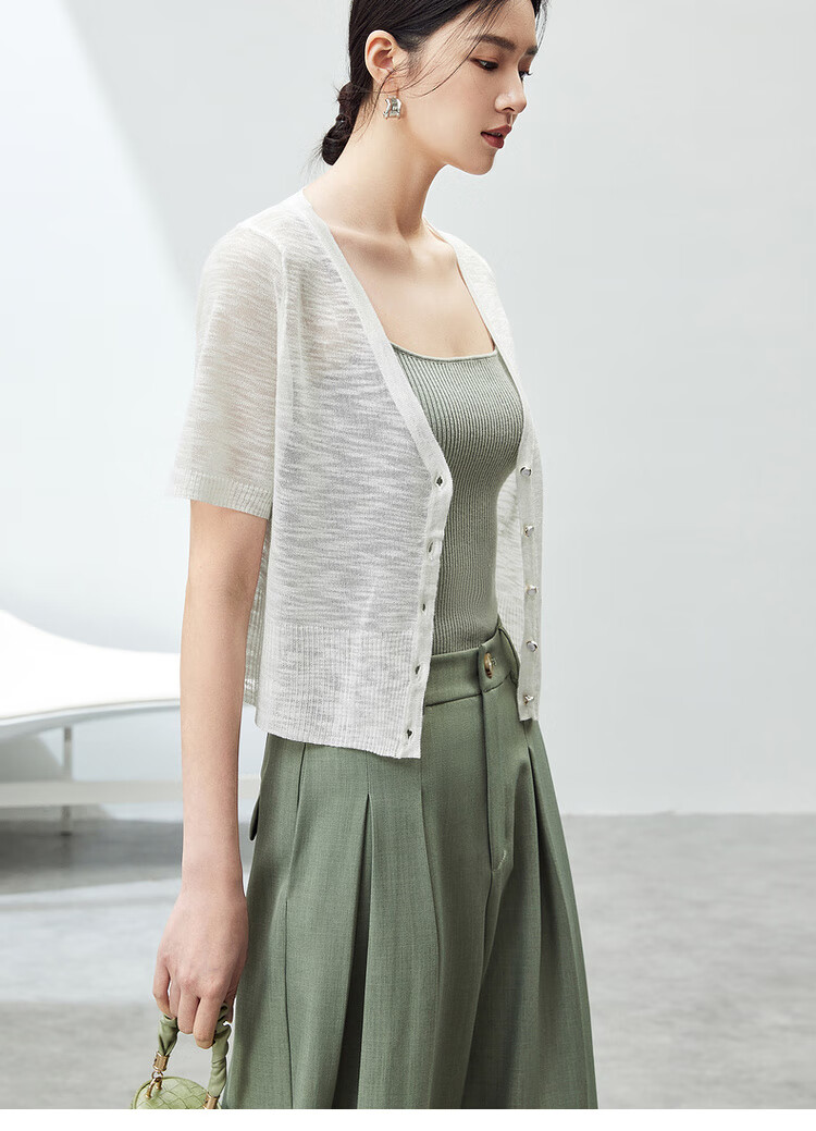 Sentubila Lazy Atmosphere Milk Huhu Refreshing Knit Top for Women, Summer V-Neck Short-Sleeve Cardigan, White, L 12