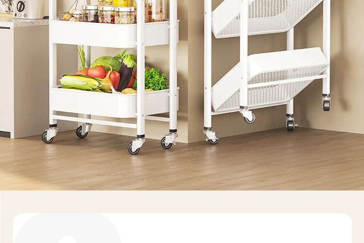 QIAONAMEI Kitchen Storage Rack Mobile Floor Cart No-Installation Foldable Storage Shelf Household Snack Rack 1860-WH 1