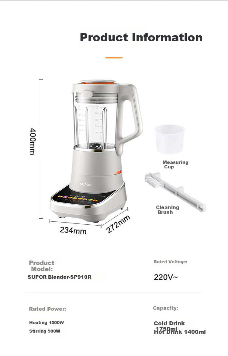 SUPOR Low-Noise Blender, Non-Coated, Detachable And Easy to Clean, Home Automatic Soy Milk Maker without Cooking, 1.75L Multifunctional Food Processor for Grains And Cereals, SP910R 20