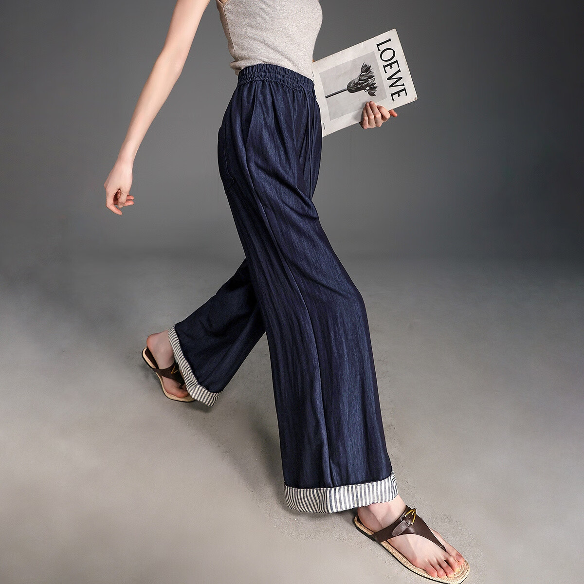 Dme Air Slim Pants, Summer Design Wide-Leg Elastic Waist Loose-Fitting Flared Hem Casual Pants for Petite Women to Conceal Body Shape