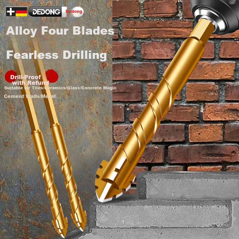 Dedong Four-Blade Serrated Eccentric Drill Bit for Tiles, Concrete, Stainless Steel, Dry Drilling, Angled Head, 6+8+10mm Three Pieces