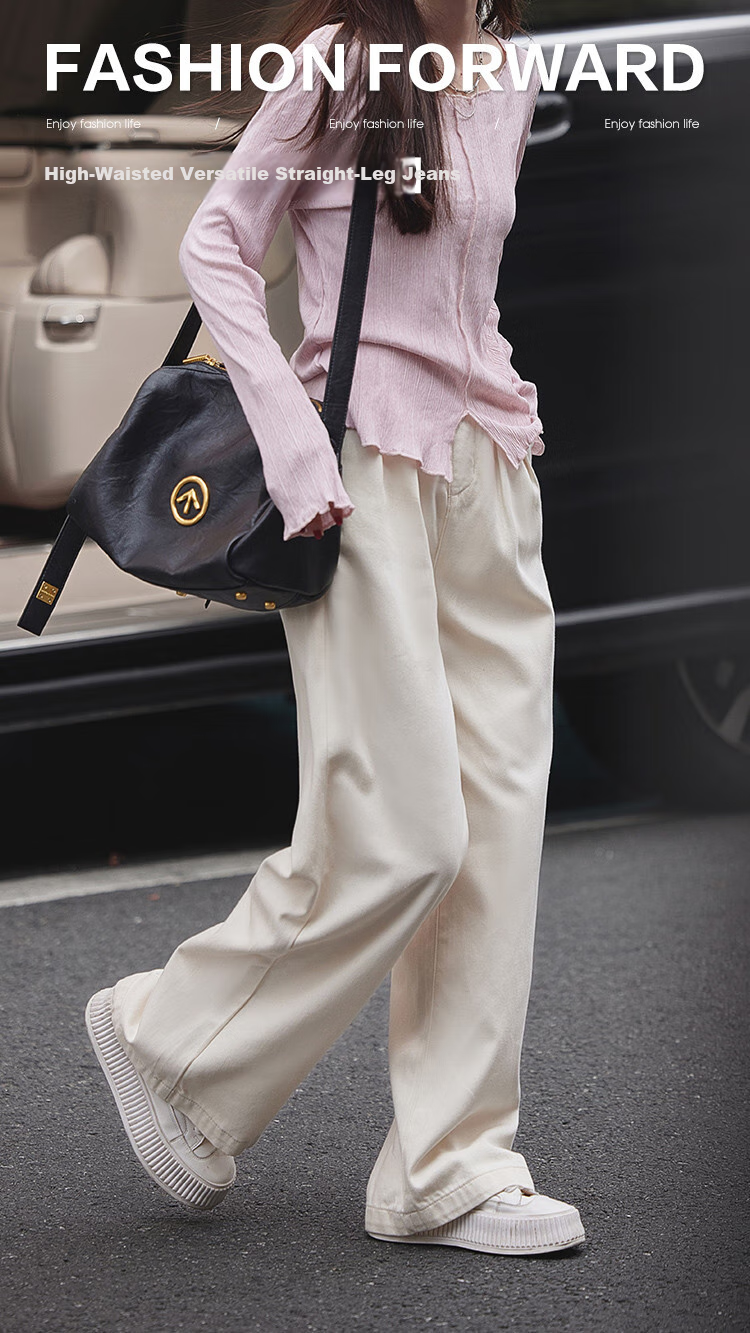 Mt [Solid Color Simple Style] Spring And Autumn Minimalist High-Waisted Versatile Wide Straight-Leg Jeans Trousers, Off-White, M 1