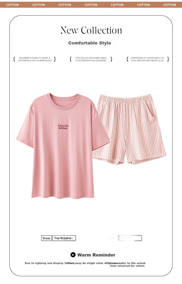 Baobaomian Women's Pajamas, Spring And Summer Short-Sleeve Shorts Set, Cute Thin Loungewear, Suitable for Outdoor Wear, Pink And White, 2XL 1