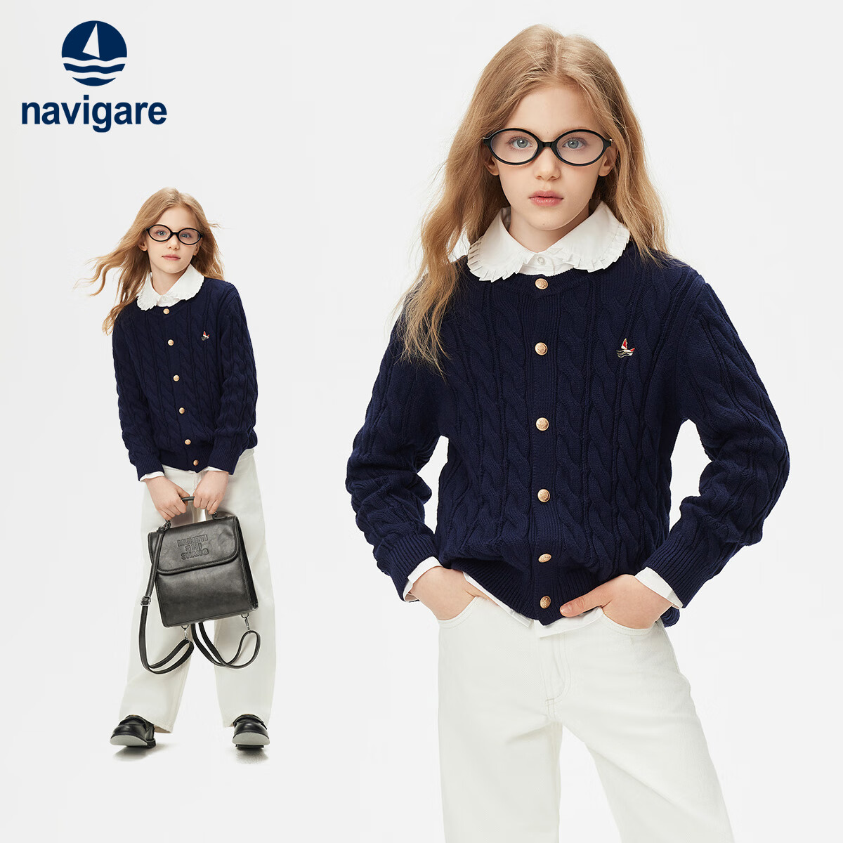 Navigare Girls' Sweater New Spring Children's Cardigan Versatile Twist Knit Deep Blue 130