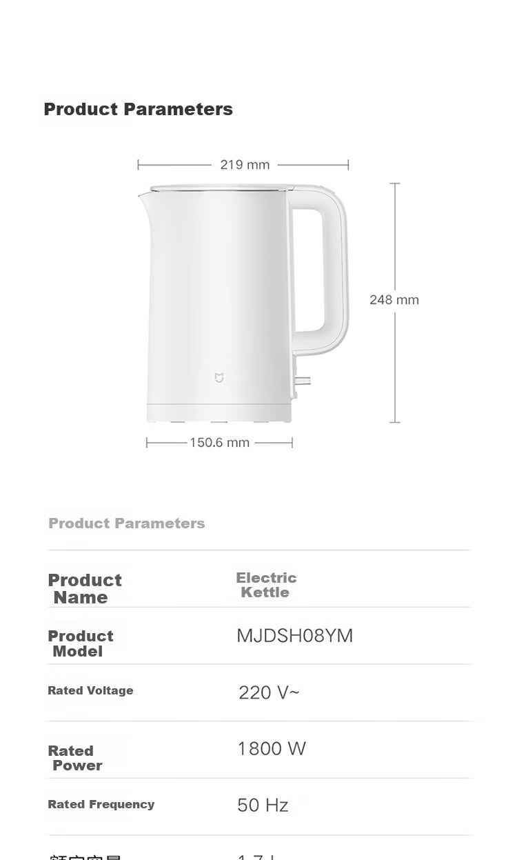 Mijia Xiaomi Electric Kettle, 316L Stainless Steel Inner Tank for Mother And Baby Use, Household Water Boiler, 1.7L Capacity, 1800W Rapid Heating 9