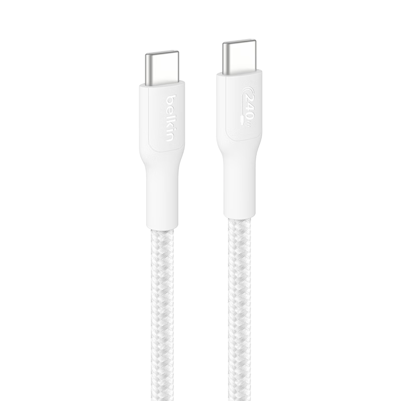 BELKIN Dual Type-C Data Cable, 240W Fast Charging, CtoC Power Cord, Compatible with Apple Computers MacBook, 480Mbps Fast Transfer, 1 Meter Braided Version, White, CAB025