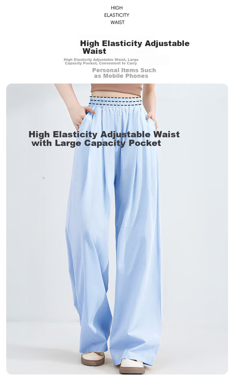 Baleno Ice Silk Cooling Wide-Leg Pants for Women, Summer Lightweight High-Waist Large Pocket Casual Style Versatile Commuter Draping Long Trousers 9