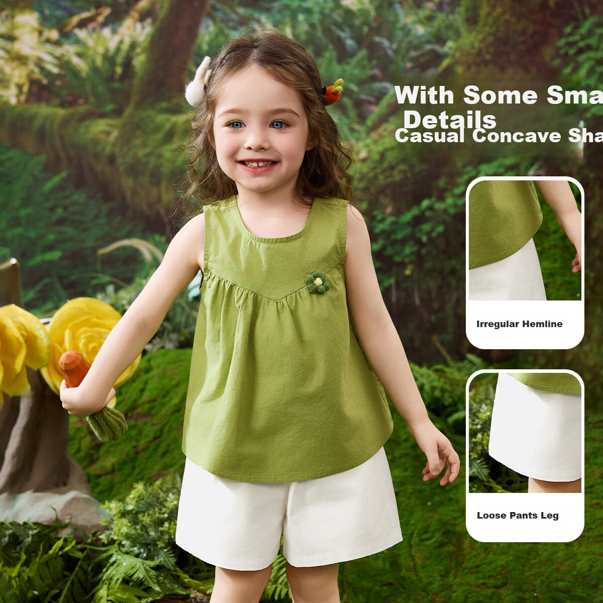 ASK JUNIOR Children's Summer Set, Sleeveless Vest Top for Young Kids, Casual Shorts, Forest-Style Girls' Pure Cotton Two-Piece Outfit, Green, Size 110