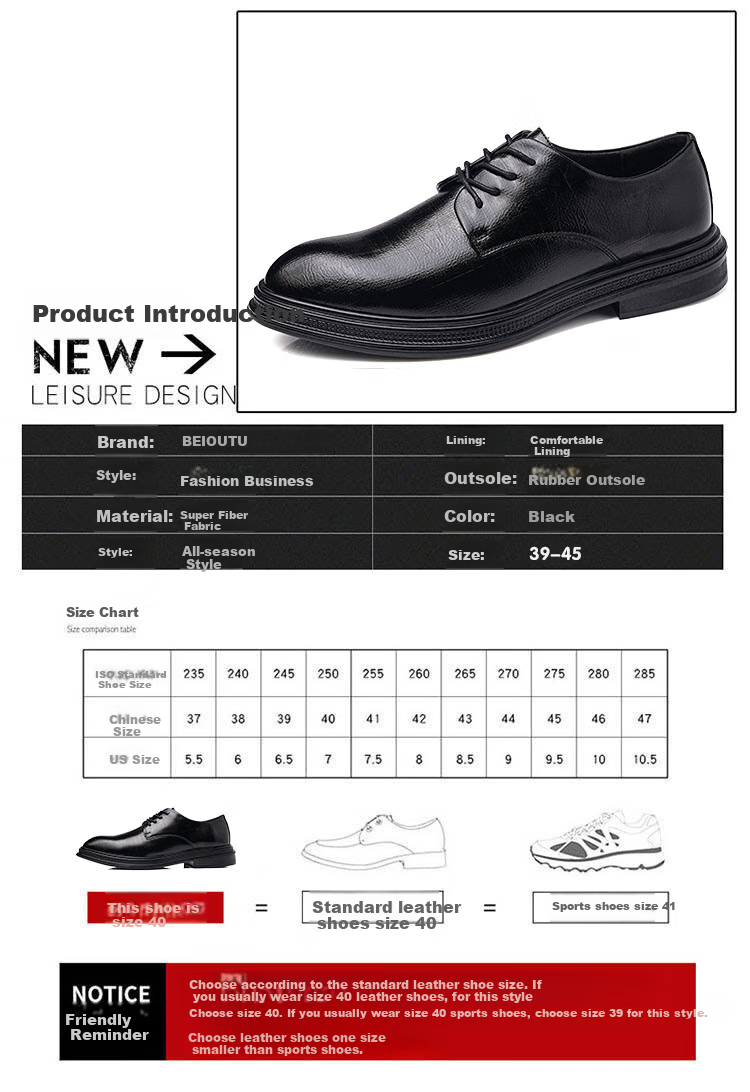 BEIOUTU Men's Leather Shoes, Business Casual Lace-Up Trendy Thick-Soled Wear-Resistant Formal Shoes Wedding Shoes 12359 Black Size 42 1
