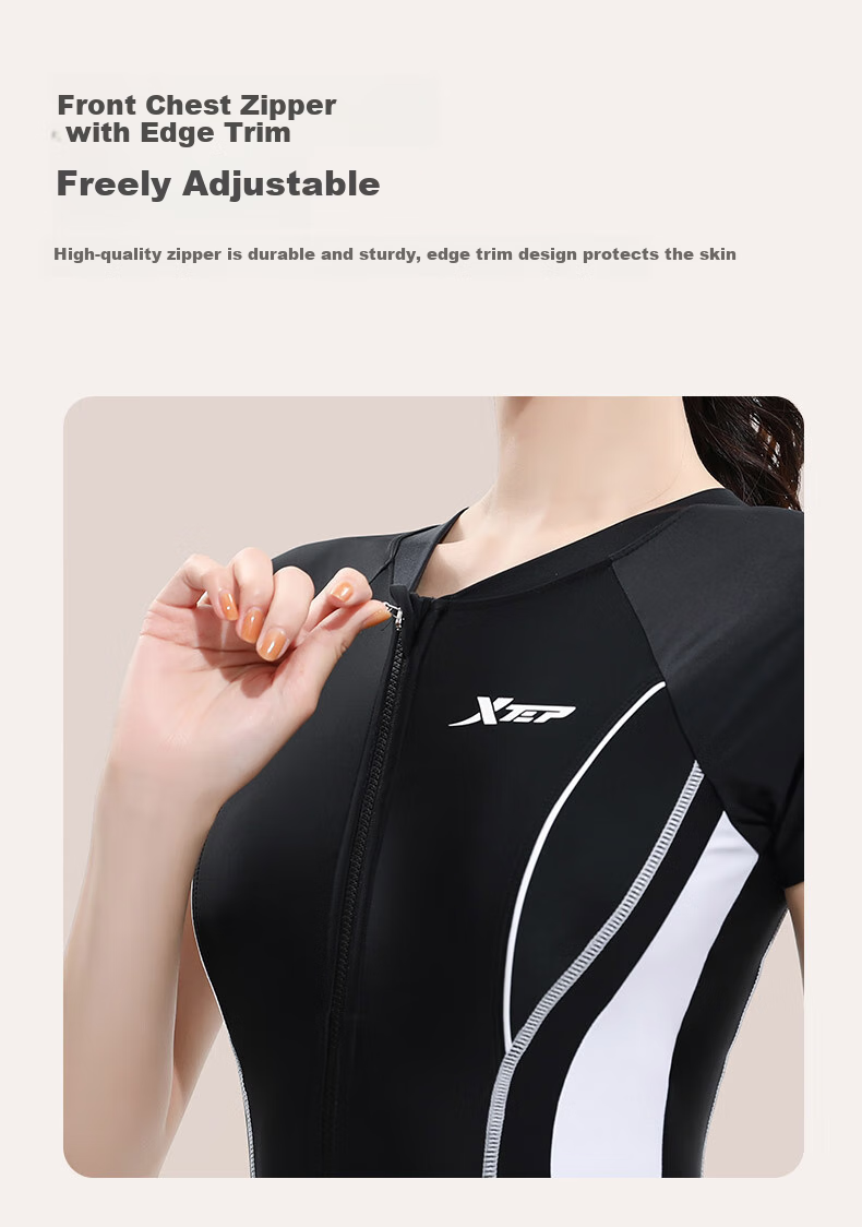 XTEP Women's Conservative Five-Point Square Leg One-Piece Swimsuit Professional Training Plus Size Slimming Swimwear Black Green 3XL 1