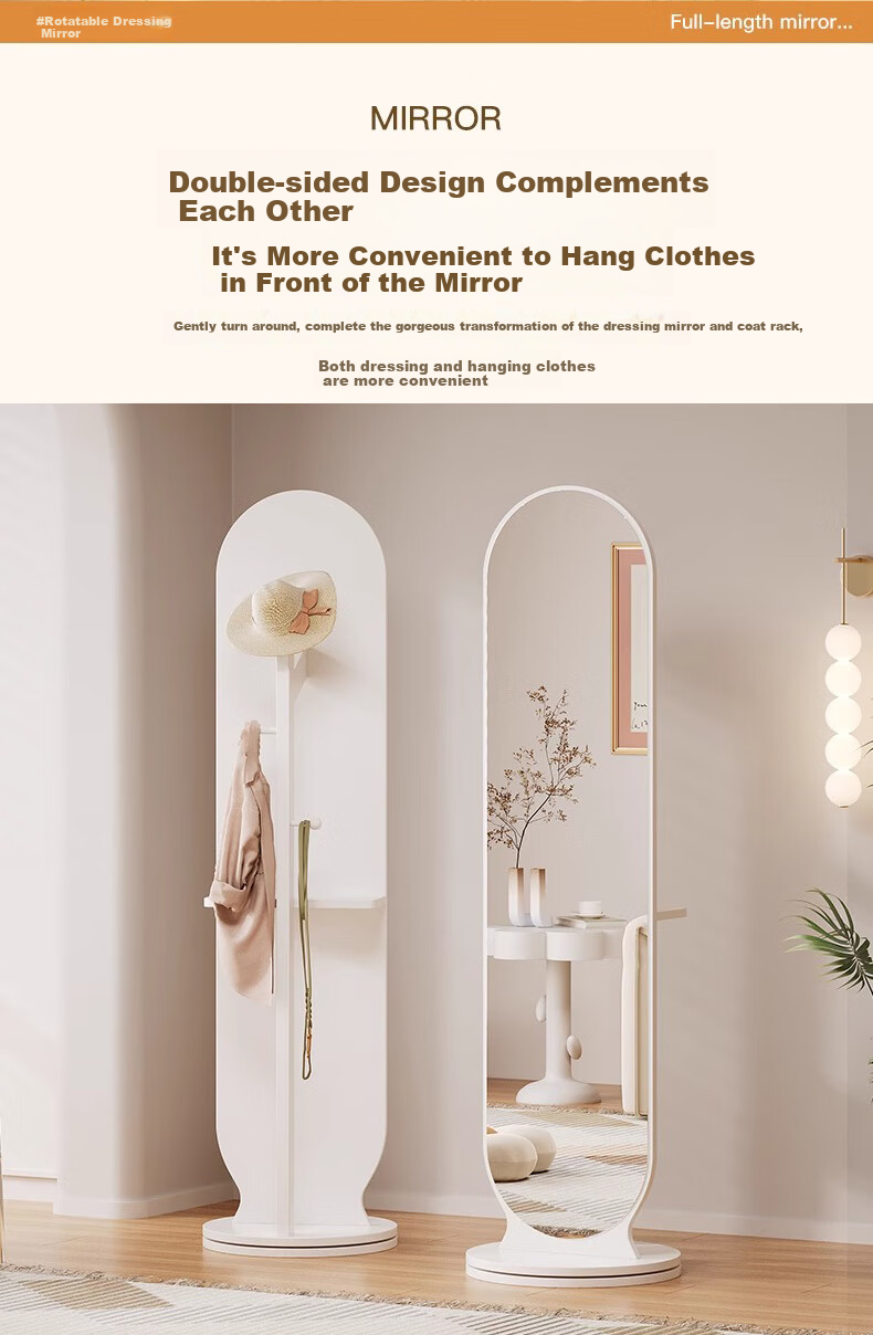 Quanpinwu Rotating Full-Length Floor Mirror, Home Bedroom Coat Rack Mirror Combo, Dressing Mirror Stand, White, 30cm 6