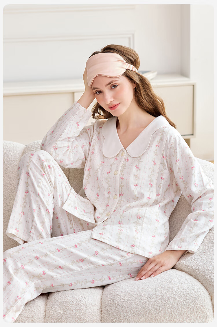 Ying's Maternity Postpartum Set Autumn New 10A Antibacterial Double-Layer Cotton Gauze Nursing Pajamas Homewear Pink M 23
