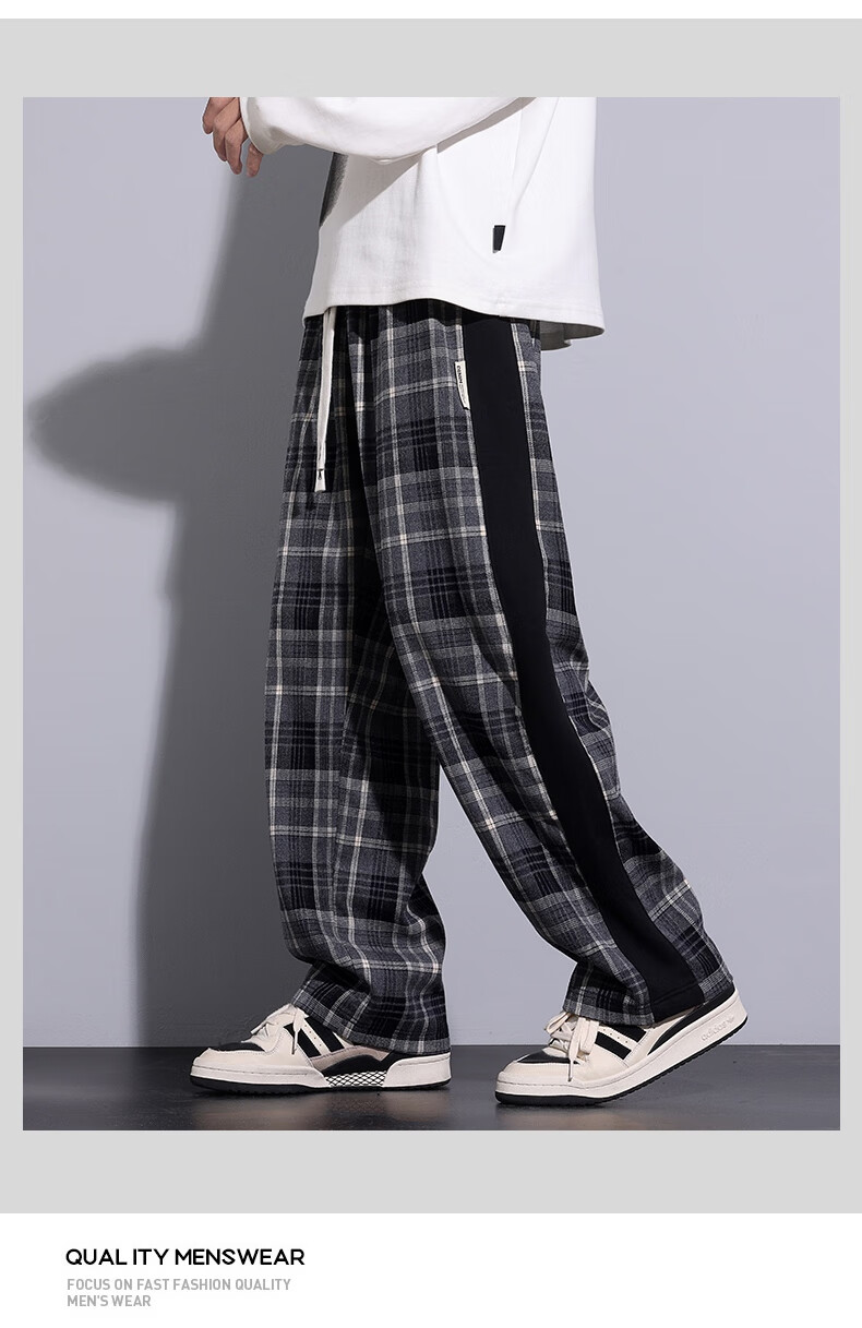IZEXX Men's Plaid Pants, Summer American Straight Wide-Leg Loose Versatile Casual Pants, Sporty Retro Style ZL27 Gray L 15