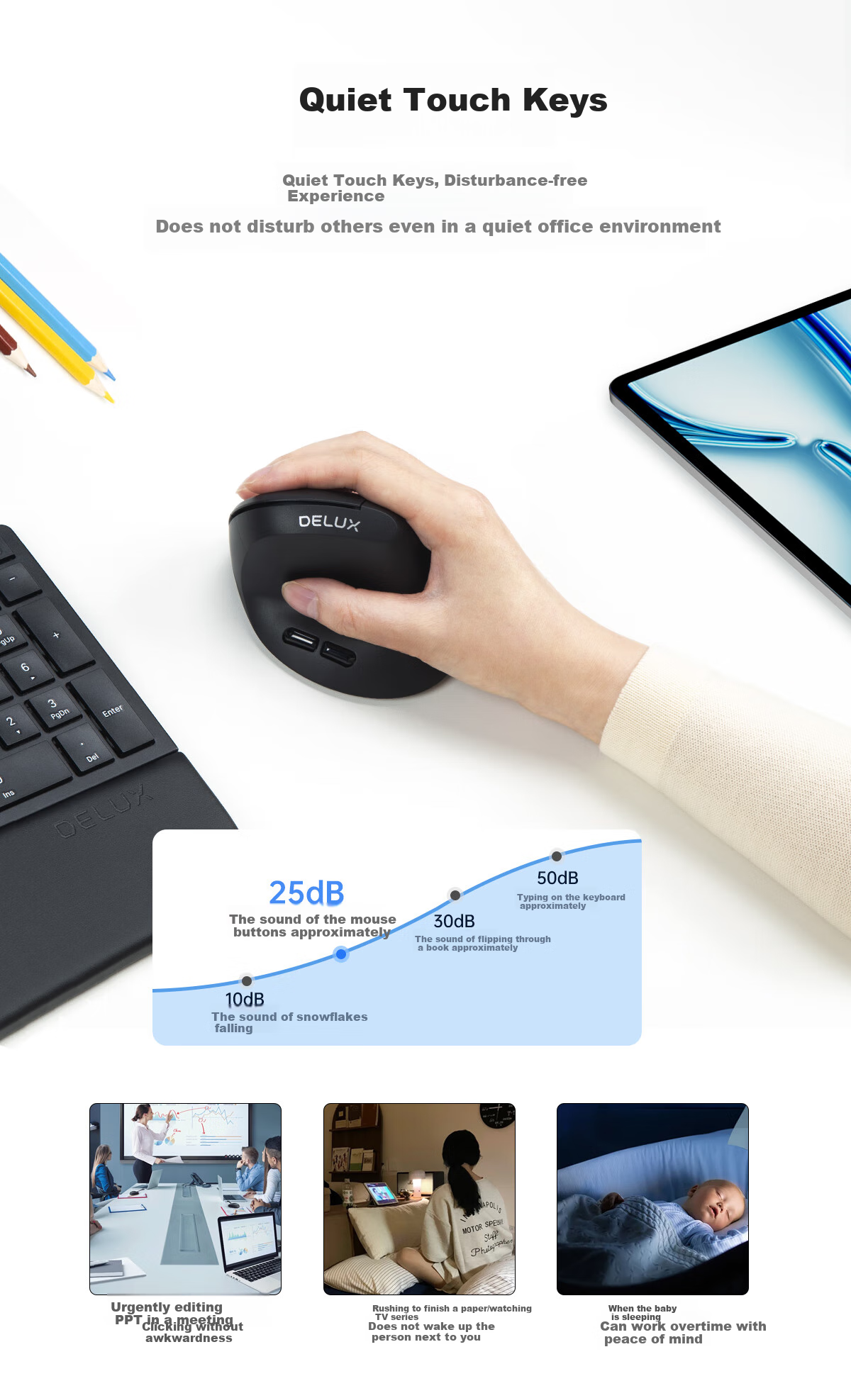 Delux M618AIR GX Lightweight Ergonomic Wireless Vertical Mouse for Office, Quiet Mouse Compatible with Computers And Laptops, Ultra-Long Standby Time, Black 4