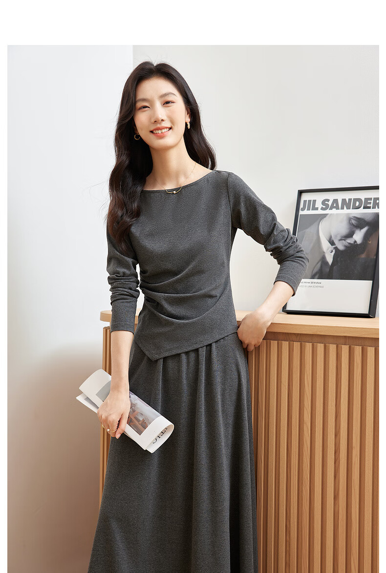 Fansiman Korean Style Premium Commuter Suit Dress for Women Autumn New Top and Skirt Set Deep Floral Gray L 10
