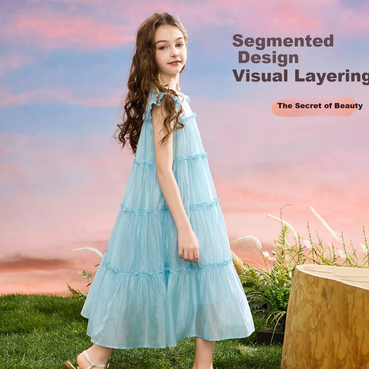 ASK JUNIOR Girls' Summer Dress, Lightweight Breathable Sleeveless Princess Dress with Flutter Sleeves, Children's Dress, Light Blue, Size 130 3