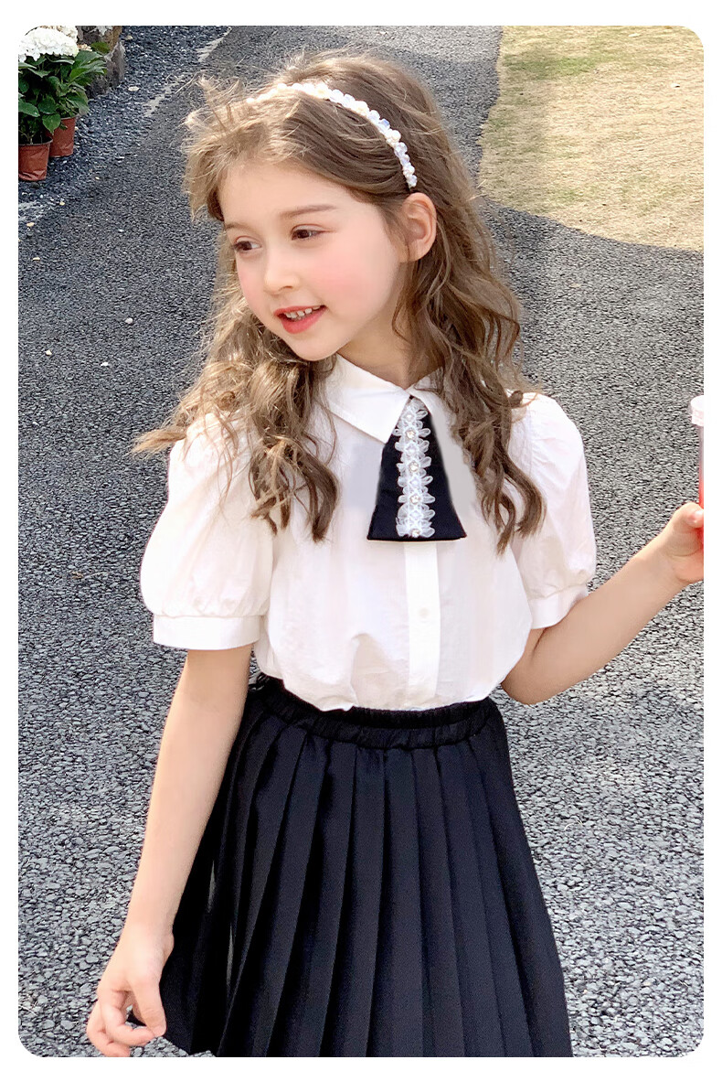 Follow Me Girls' Summer Set: Preppy Style Shirt Top And Pleated Skirt Two-Piece Set White/black 140 14