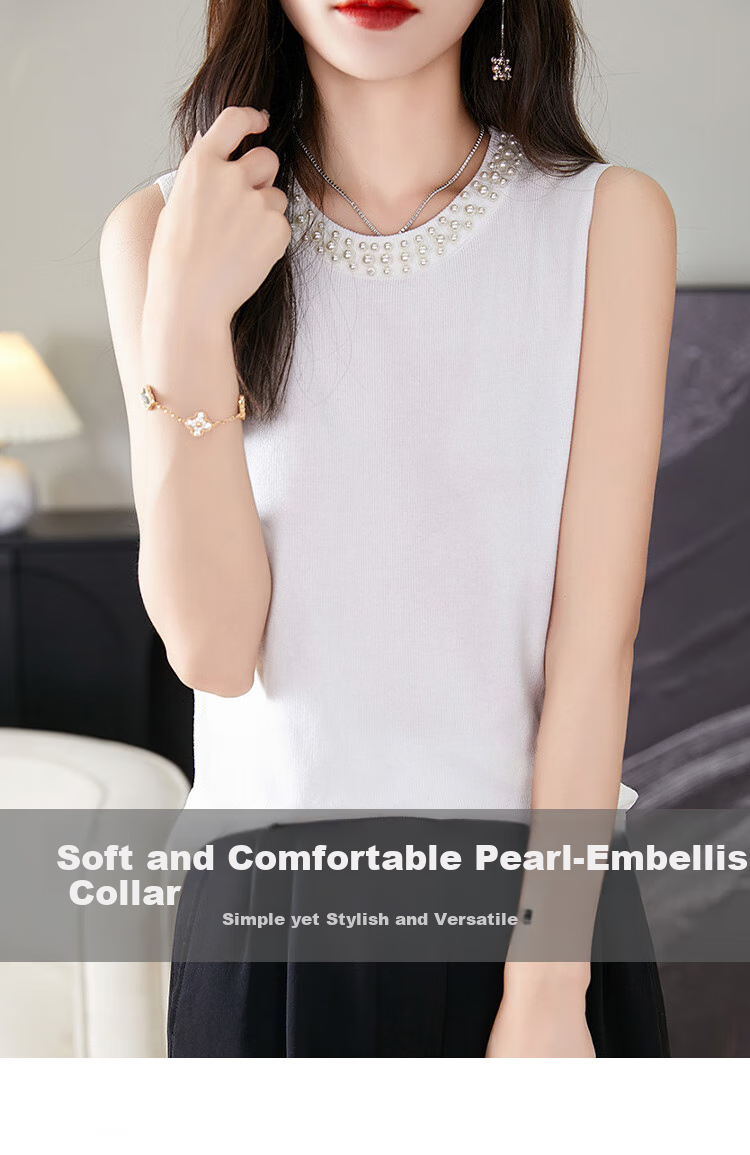 GUJIN Pearl Chanel-Style Elegant Inner Camisole for Women, Pearl Sleeveless Undershirt, Spring And Autumn Knitted Top 1
