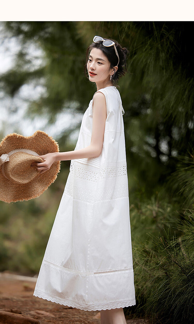 Demana [Yongbai Diao] Summer Lightweight 50s Cotton Poplin Embroidered Patchwork Ruched Tank Pleated Women's Dress 8