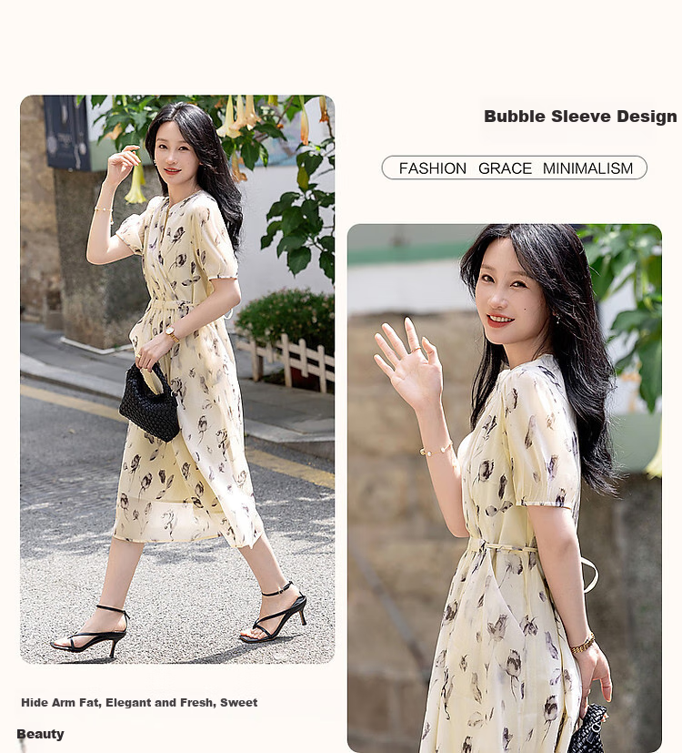 Dme [Anniversary] Summer V-Shaped Overlapping Collar Puff Sleeve Tea Break Dress, Wrinkled Thin Tulle Tulip Print Dress for Wome 6