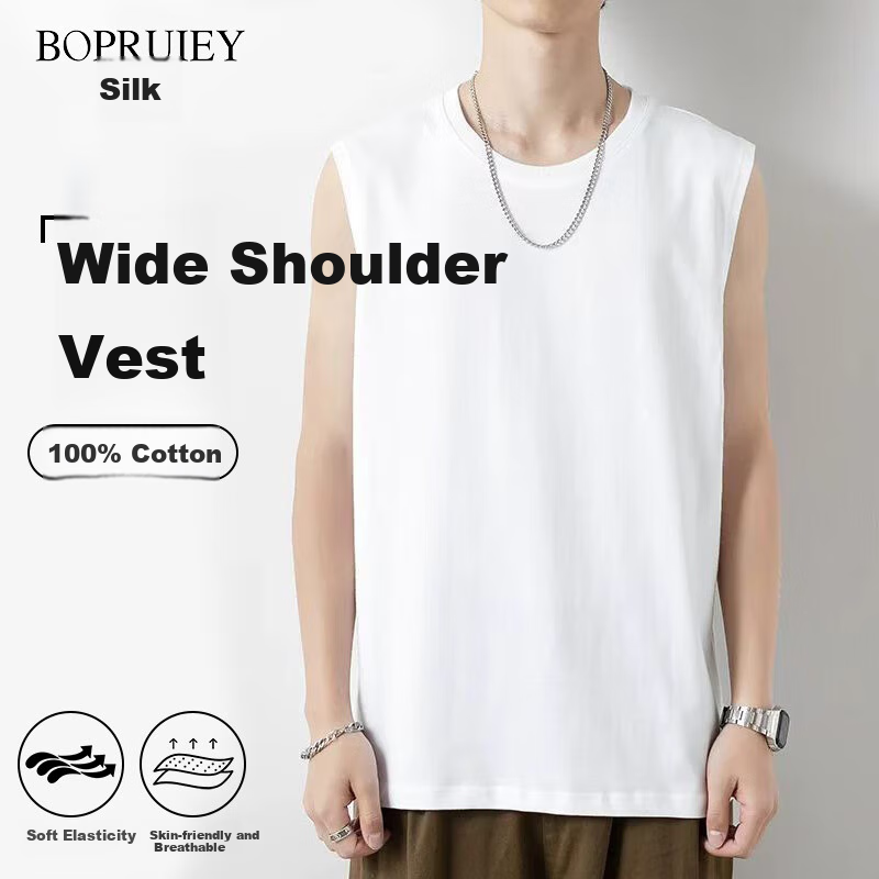 BOPRUIEY Men's Wide-Shoulder Tank Top, Pure Cotton Sleeveless Sports Vest, Inner Wear for Fitness, Basketball, Running, Men's White Undershirt