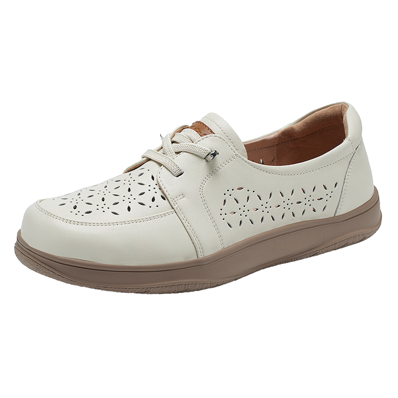 Zulijian Elderly Shoes Summer Women's Breathable Casual Leather Shoes Mom Shoes Soft Sole Ladies Flats 6069K Beige Size 41