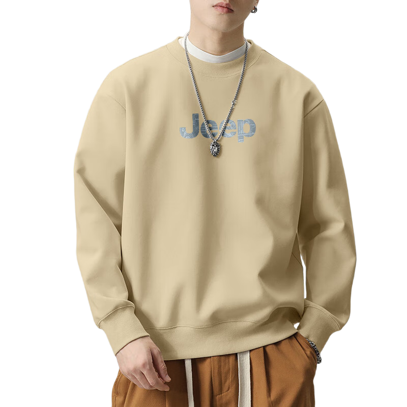JEEP SPIRIT Men's Khaki Pullover Sweatshirt Autumn Loose Fit Long Sleeve Crew Neck Casual Fashion 2XL