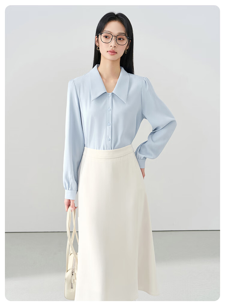 Bodexiaojie Blue V-Neck Commuter Blouse for Women, Wrinkle-Resistant Professional Formal Wear Chiffon Shirt for Interviews 7