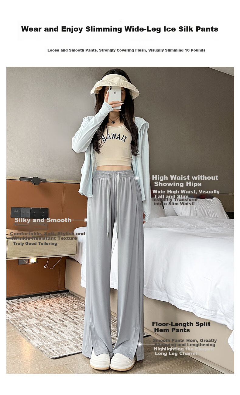LangSha Ice Silk Wide-Leg Pants for Women, Summer Lightweight High-Waist Draping Loose Casual Straight-Leg Slimming Side-Slit Sports Sun Protection Women's Trousers 12