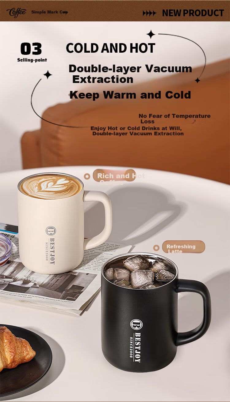 FUGURNG BESTJOY Insulated Mug with Handle, Enamel Inner Liner, Dual-Use Mug, Office Coffee Tea Cup, Water Tumbler, 450ml, White 5