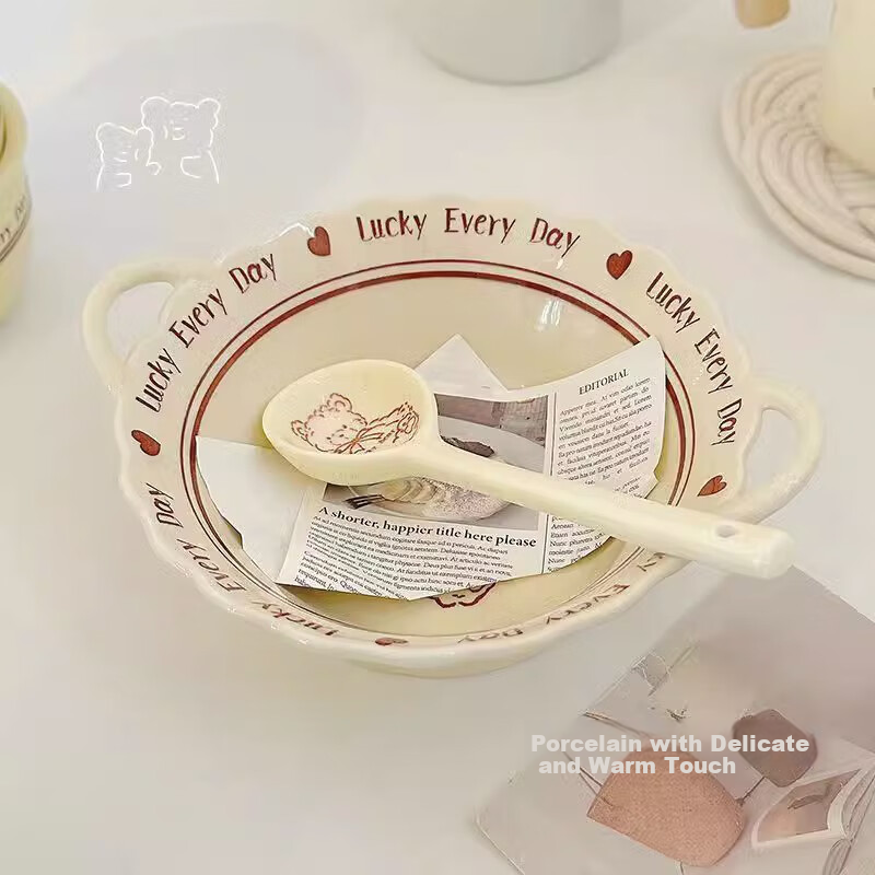 CERAMICS Lucky Bear Ceramic Bowl, Home Use Fruit Salad Bowl, Noodle Bowl, 7.5-Inch Double-Ear Bowl + Spoo 1