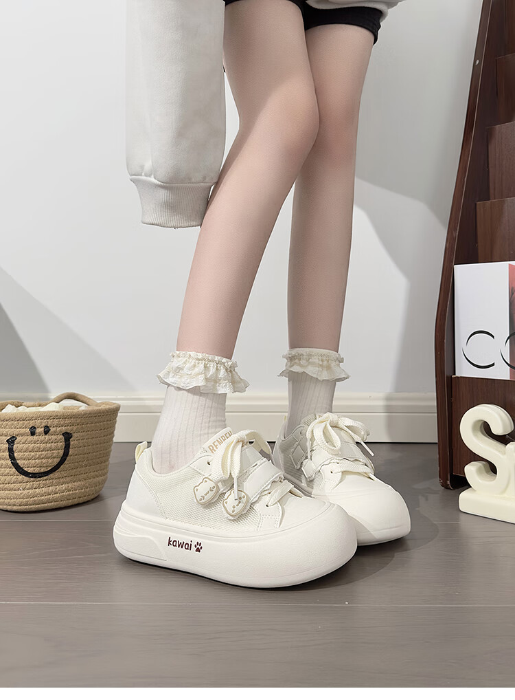 RENBEN Cute Velcro White Sneakers for Women, Popular Chunky Shoes, Versatile Canvas Shoes, White (Leather Surface), Size 40 3