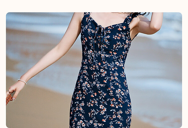 Dme [Xiao Xing Gan "Da Ji" Dress], Summer Holiday Style, Small Floral Print, Spaghetti Strap, Bodycon, Waist-Cinching Women's Dress 4