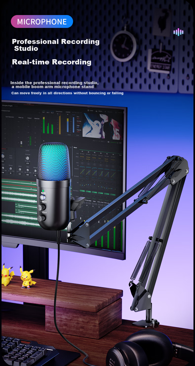 Haomuren Suspended Arm Stand Computer Microphone, USB Desktop Noise-Cancelling Microphone, Gaming E-Sports Live Streaming Condenser Mic for Desktop And Laptop Recording, Karaoke, Streamer Voice-Over Equipment 3