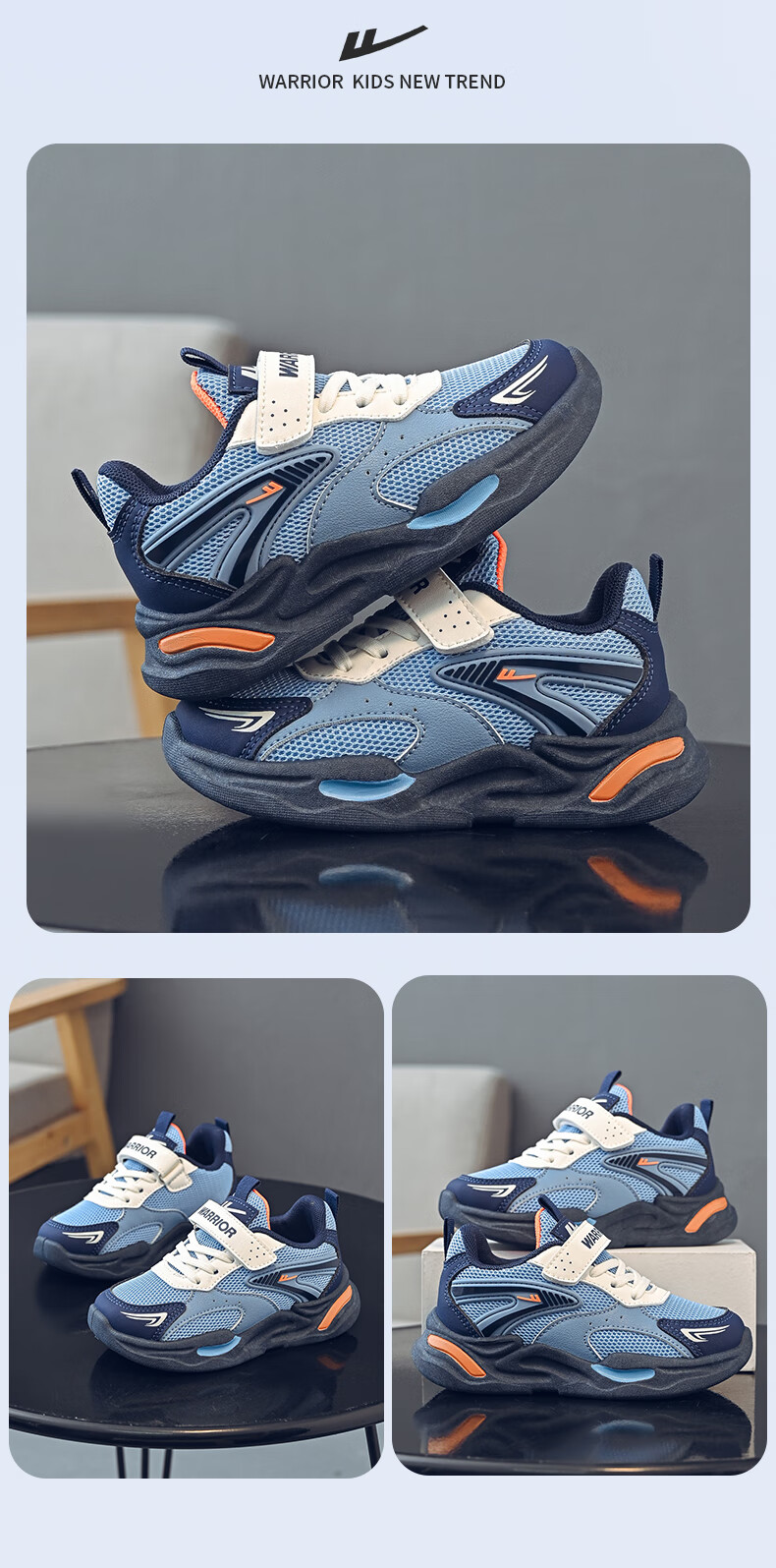 Warrior Boys' Shoes, Spring And Autumn Children's Sneakers, Casual Breathable Running Shoes WZ(CL)-0972, Navy Blue/gray/beige, Size 36 15