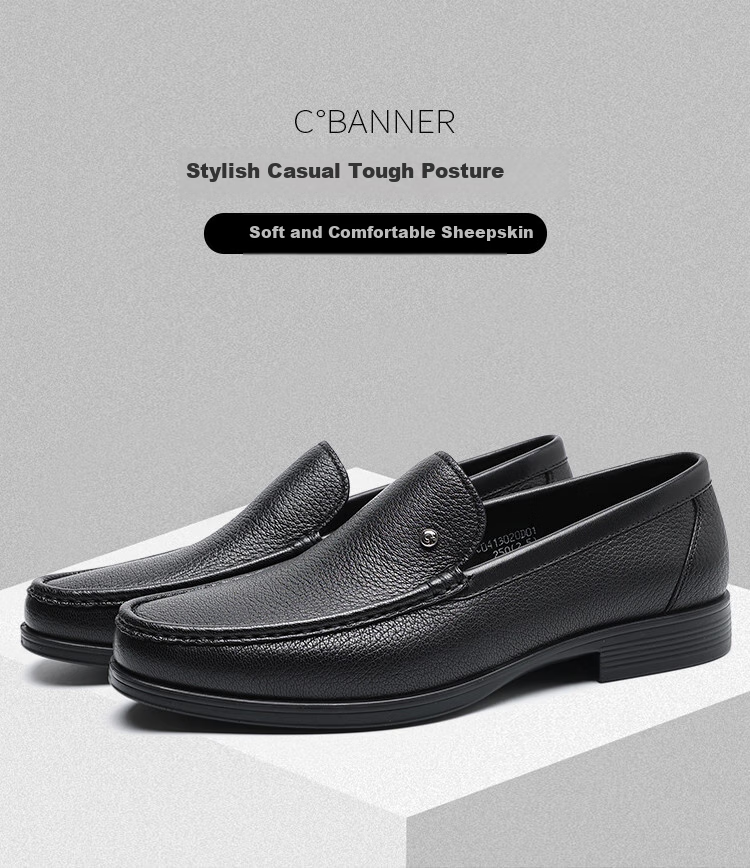 C.BANNER Men's New Style Top-Layer Sheepskin Slip-On Business Casual Leather Shoes, Black, Size 44 1