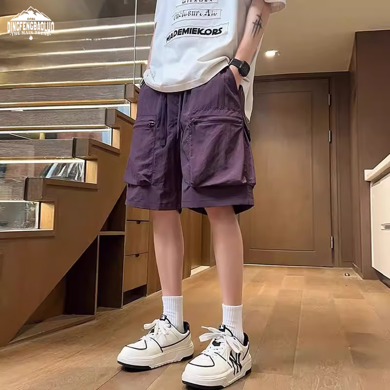 Dingfengbaoluo Men's Cargo Shorts, Summer Fashion High Street Style, Large Pockets, Simple Solid Color Sports Knee-Length Pants FG55 Purple XL