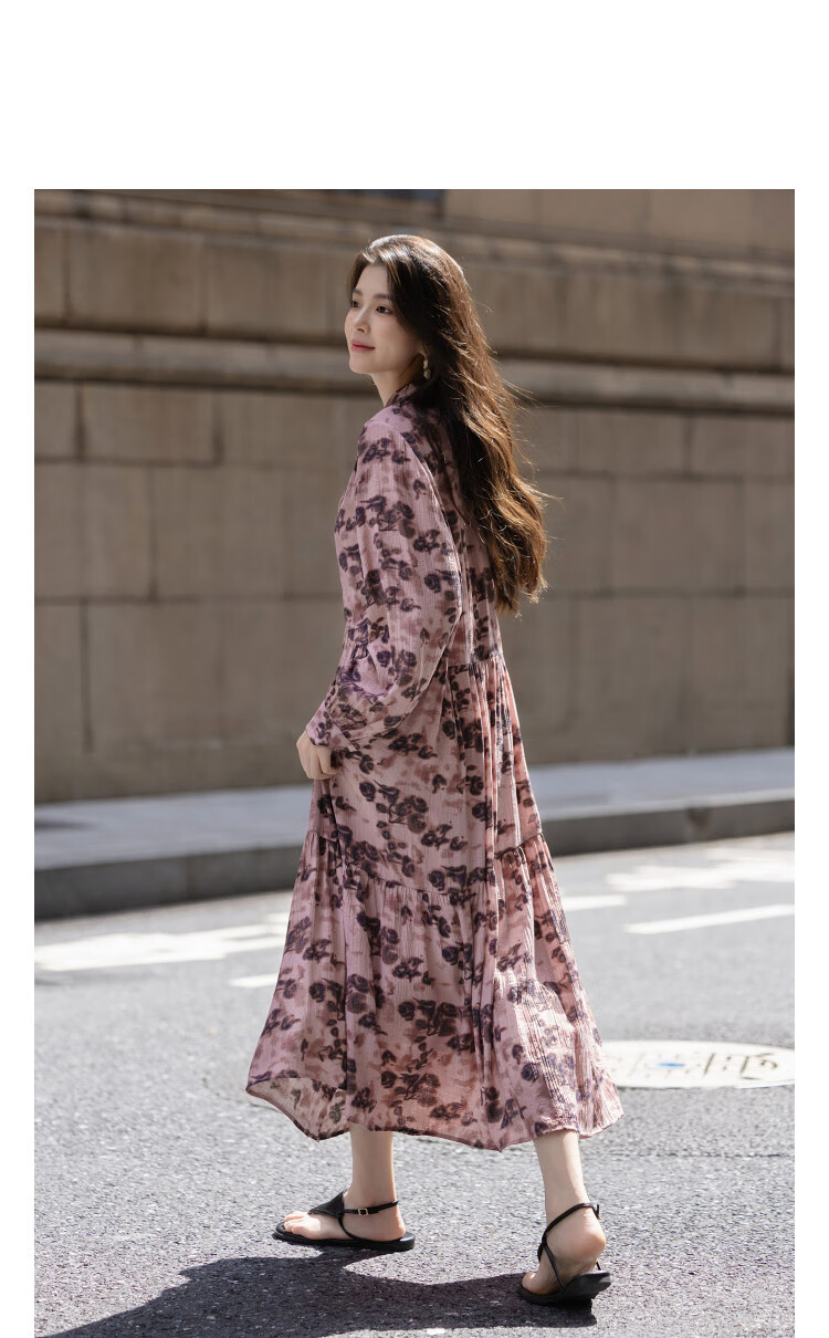 Dme [Shiguangjinghua] Autumn French V-Neck Pleated Textured Floral Print Wrinkled Elegant Loose Women's Dress 2