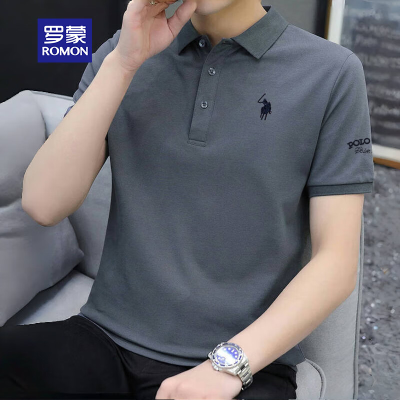 ROMON Men's Polo Shirt 2026 Upgraded New Thin Pure Cotton Short Sleeve T-Shirt Business Embroidered Dark Gray L
