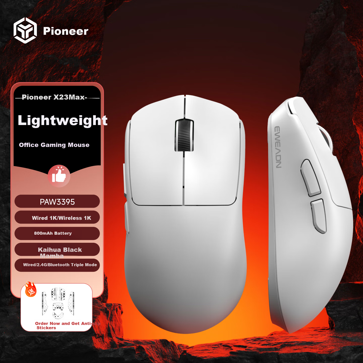 EWEADN X23Max Wireless Lightweight Mouse, Bluetooth Tri-Mode Gaming E-Sports PAW3395, Suitable for Computer Office, Small And Medium Hands, Computer Tablet Laptop Gaming Peripheral, White