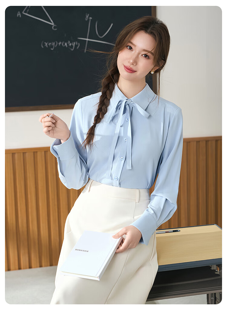 Miss Bird Blue Shirt Women's Petite Bow Tie Blouse Professional College Student Interview Formal Commuter Top 12