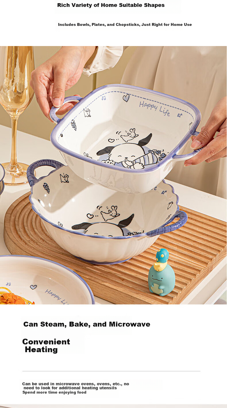 CERAMICS Underglaze Cartoon Ceramic Tableware Bowl And Plate Set for Home Use, Piqu Dog Pattern, 12-Piece Set for 4 People 5