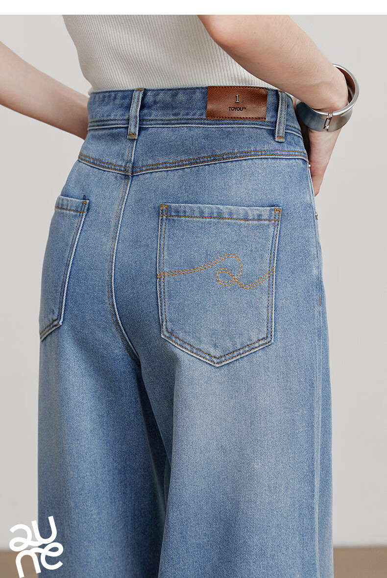 Chuyu Focus Acetate Puff Soft Denim Women's 2025 New Mid-Waist High Street Embroidered Wide-Leg Pants Sky Blue 28 16