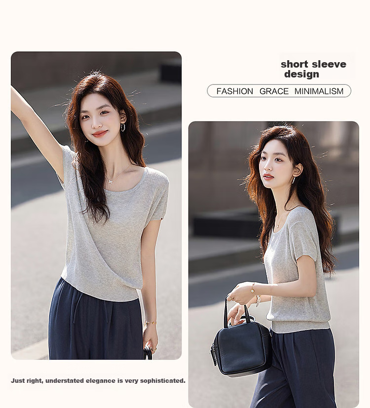 Demana Natural Linen Summer Elegant Round Neck Short Sleeve Loose Knit Top for Petite Women 5