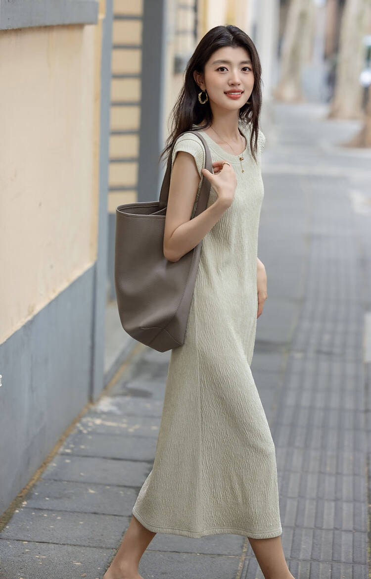 Demana [Comfort Elastic Soft] Summer Simple Style Round Neck Slim Fit Cap Sleeve Petite Elegant Body-Shaping Knit Women's Dress 14