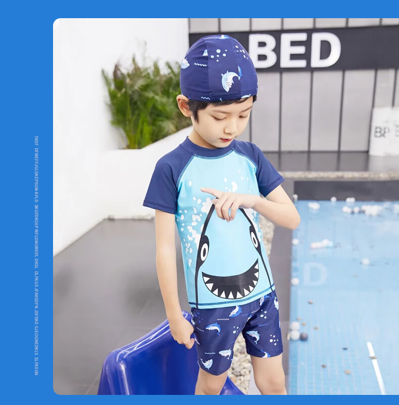 Langsha Kids Boys Summer Beach Pool Two-Piece Blue Shark Swimsuit 11