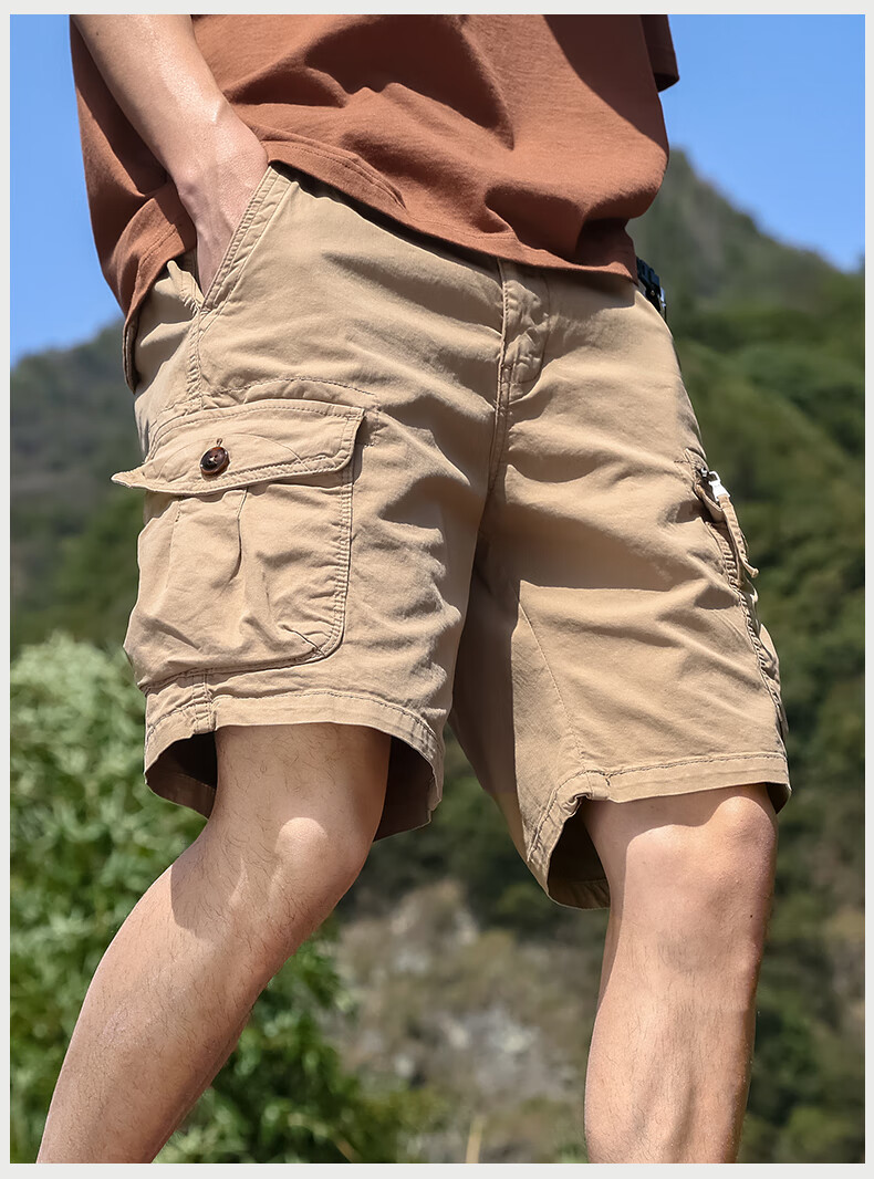 EASTERN CAMEL Men's Cargo Shorts, Casual Five-Point Pants, Spring And Summer Mid-Length Pants, Thin Style, Large Pocket Trousers, Khaki, Size 29 19